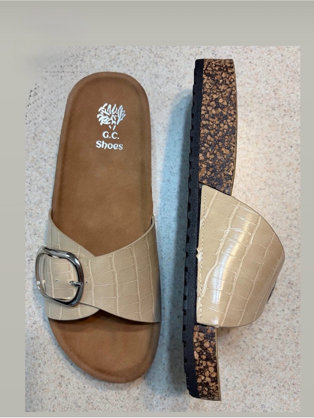 G.C. Shoes Women's Tan Croc-Embossed Slide Sandals with Buckle